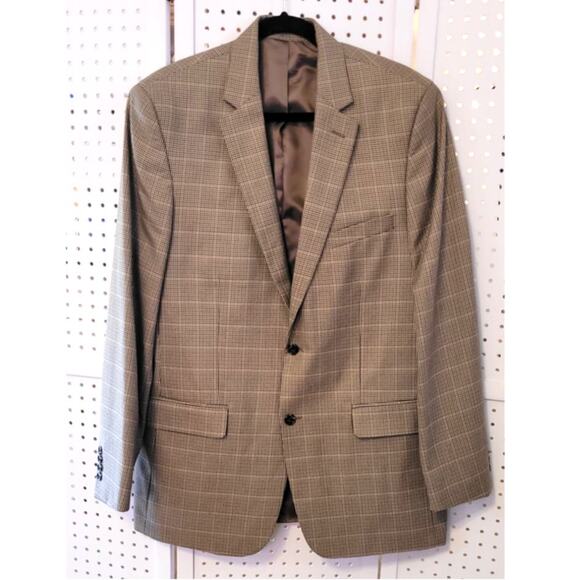 Mens Blazer 42L Tan 2 Button Houndstooth Sport Coat Jacket Y2K Preppy Academia - Picture 1 of 11